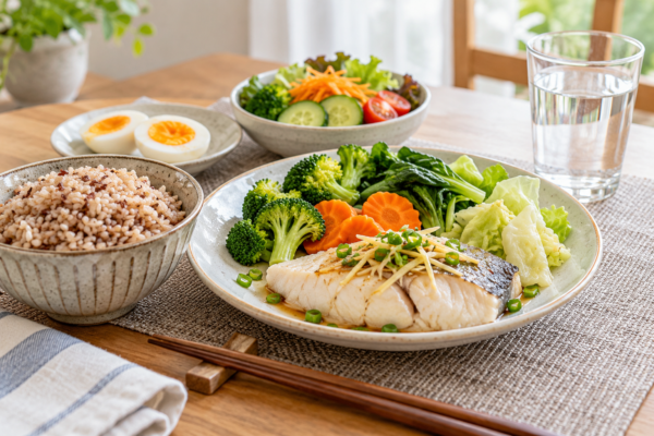 ข้าวกล้อง ปลานึ่ง ไข่ต้ม และผัก ตัวอย่างอาหารเช้าสำหรับคนไขมันพอกตับ
