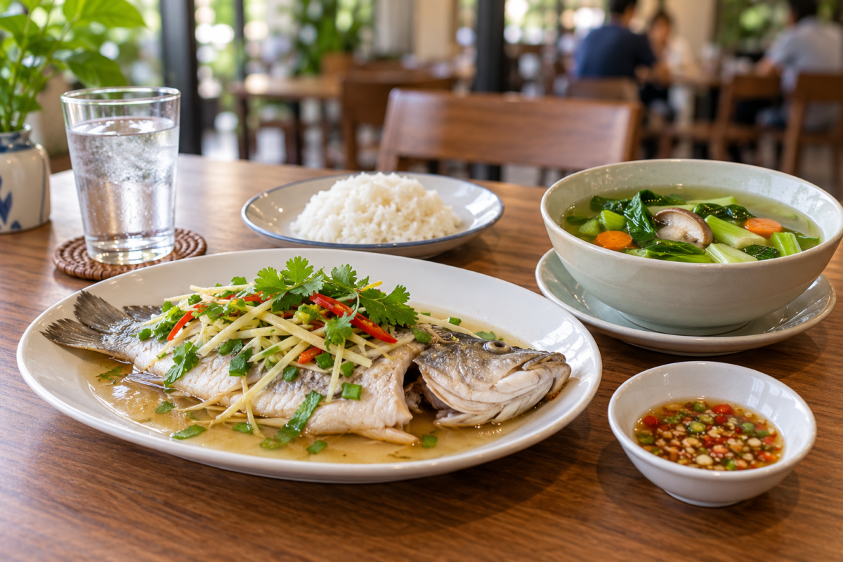 ปลานึ่ง ต้มจืดผัก ข้าว และน้ำจิ้มแยกบนโต๊ะร้านอาหาร