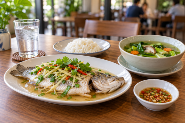 ปลานึ่ง ต้มจืดผัก ข้าว และน้ำจิ้มแยกบนโต๊ะร้านอาหาร