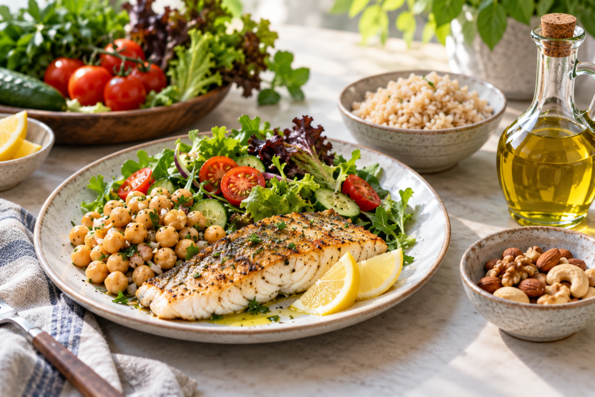 ปลา ผัก ถั่ว ข้าวกล้อง และน้ำมันมะกอก ตัวอย่างอาหารตามแนวเมดิเตอร์เรเนียน